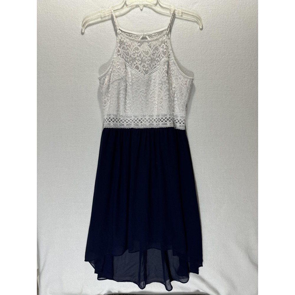 By & By Dress Womens Size 7 Navy Blue White Lace Sleeveless High Low Formal